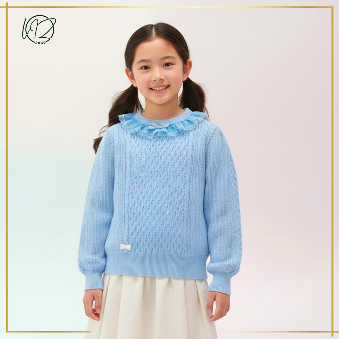 Blue Pointelle Knit Ruffle Sweater